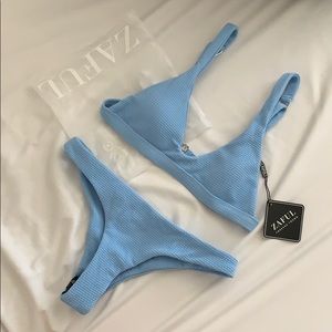 Zaful Low Waisted Padded Scoop Bikini Light Blue S